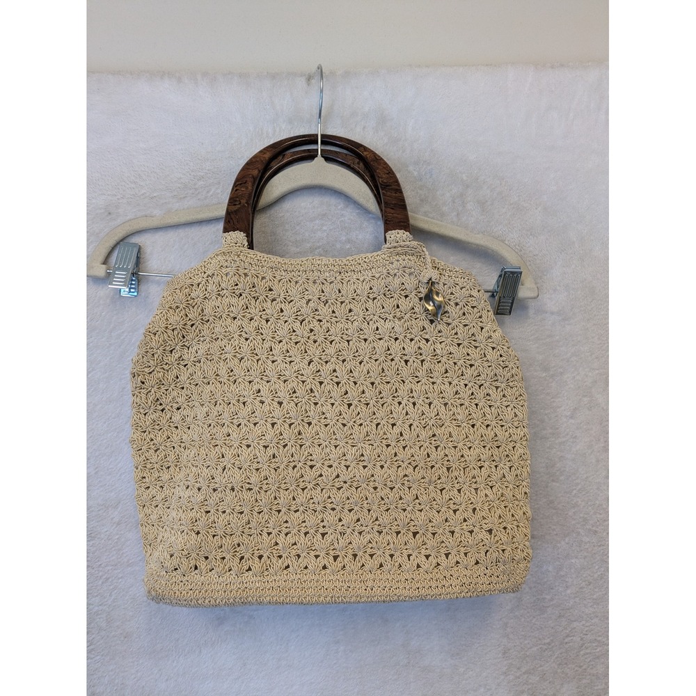 Dana Buchman Tote Bag Women's Medium Beige Crochet Wood Handles Leaf Charm